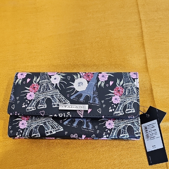 TAHARI RFID WALLET, Black, Floral Paris Patterned, Vegan Leather NWT - Picture 1 of 9